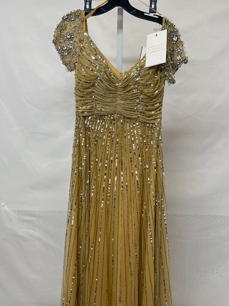 Mac Duggal Striped Sequin Mesh Gown With Beaded Shoulders gold