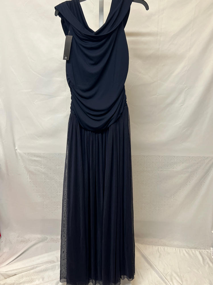 Betsy & Adam Women’s Strapless Ruched Bodice Mesh Overlay Floor Length Dress, Navy, 10
