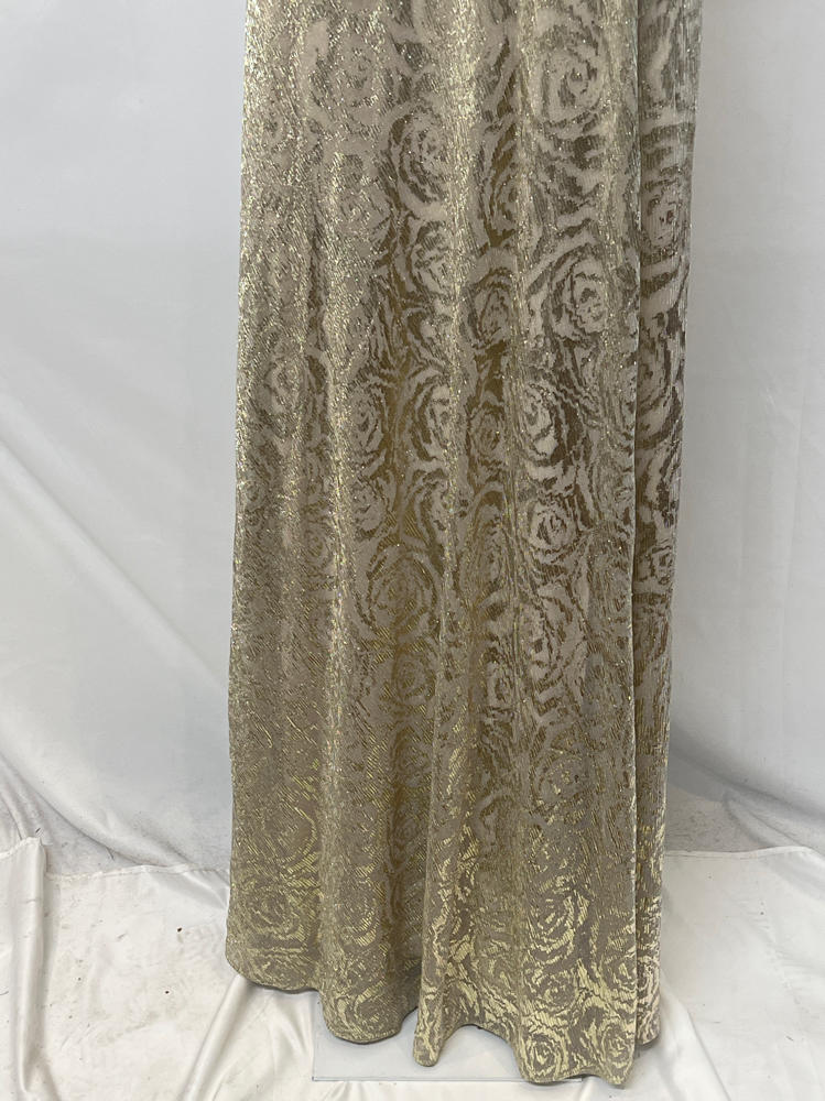 Betsy & Adam Women's Floor-Length, One-Shoulder, Wrap, Foil, Floral Gown, Champagne/Gold