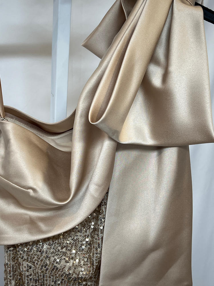 Betsy & Adam Women’s Sequin One Shoulder Satin Drape Floor Length Dress, Champagne, 6