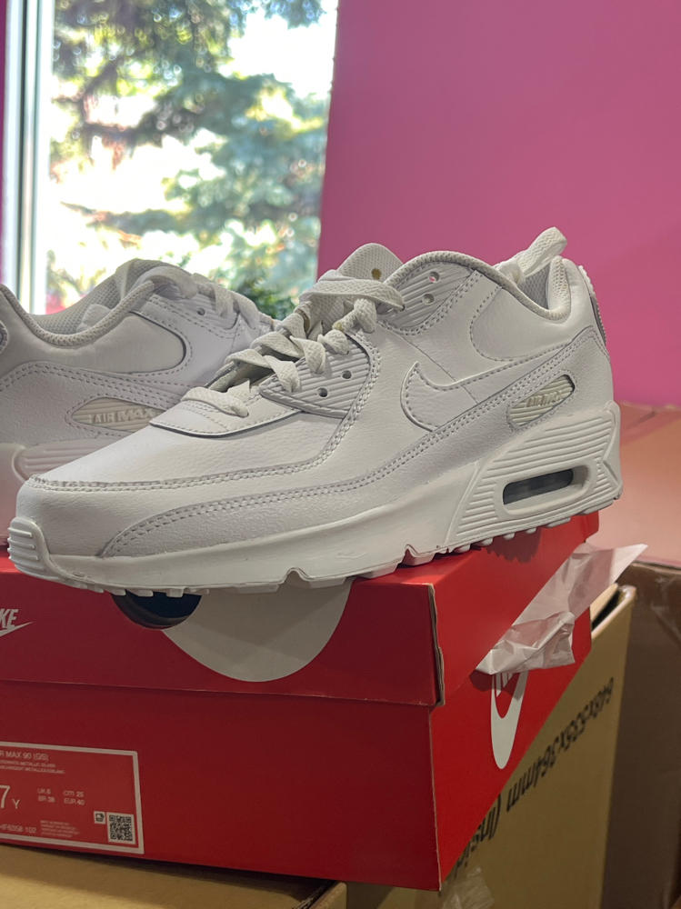 Nike Air Max 90 Big Kids' Shoes (HF6358-102, White/Metallic Silver/White/White) Size 7