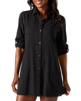 Tommy Bahama Cotton Clip Jacquard Boyfriend Cover-Up Shirt in Black