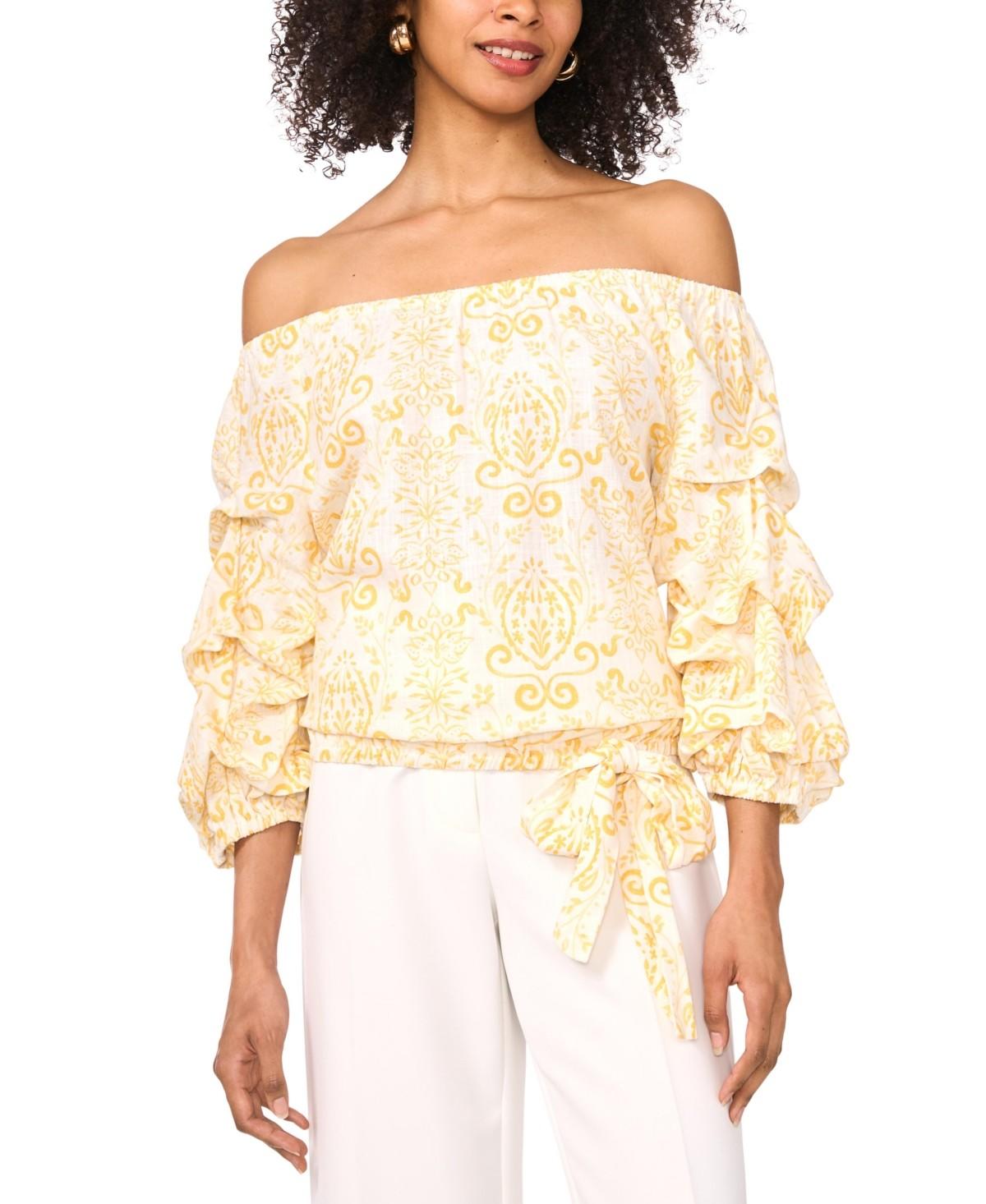 Vince Camuto Women's Floral Linen-Blend Off-The-Shoulder Bubble 3/4-Sleeve Tie-Front Blouse