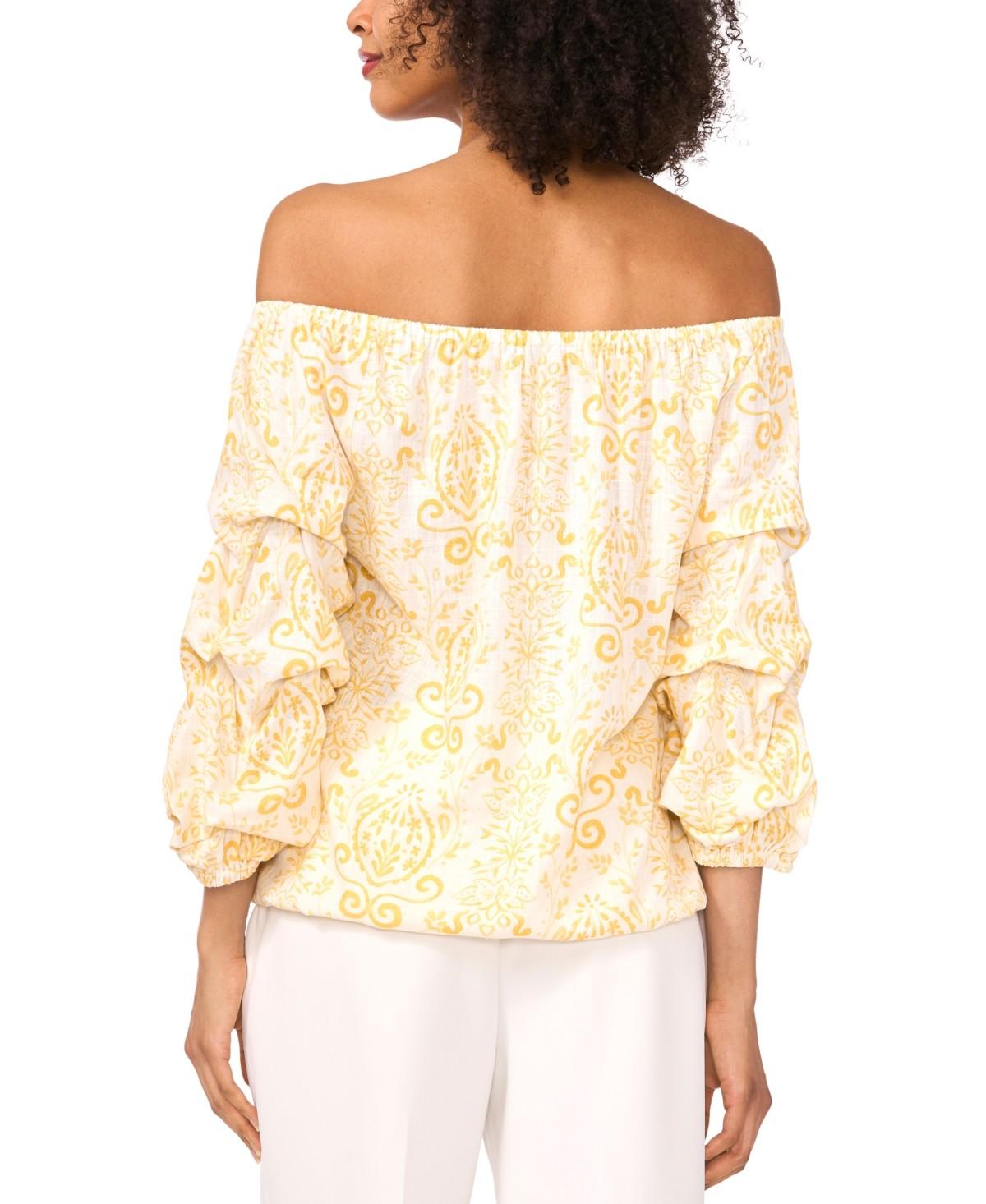 Vince Camuto Women's Floral Linen-Blend Off-The-Shoulder Bubble 3/4-Sleeve Tie-Front Blouse