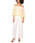 Vince Camuto Women's Floral Linen-Blend Off-The-Shoulder Bubble 3/4-Sleeve Tie-Front Blouse