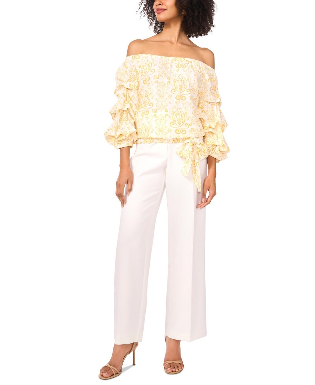 Vince Camuto Women's Floral Linen-Blend Off-The-Shoulder Bubble 3/4-Sleeve Tie-Front Blouse