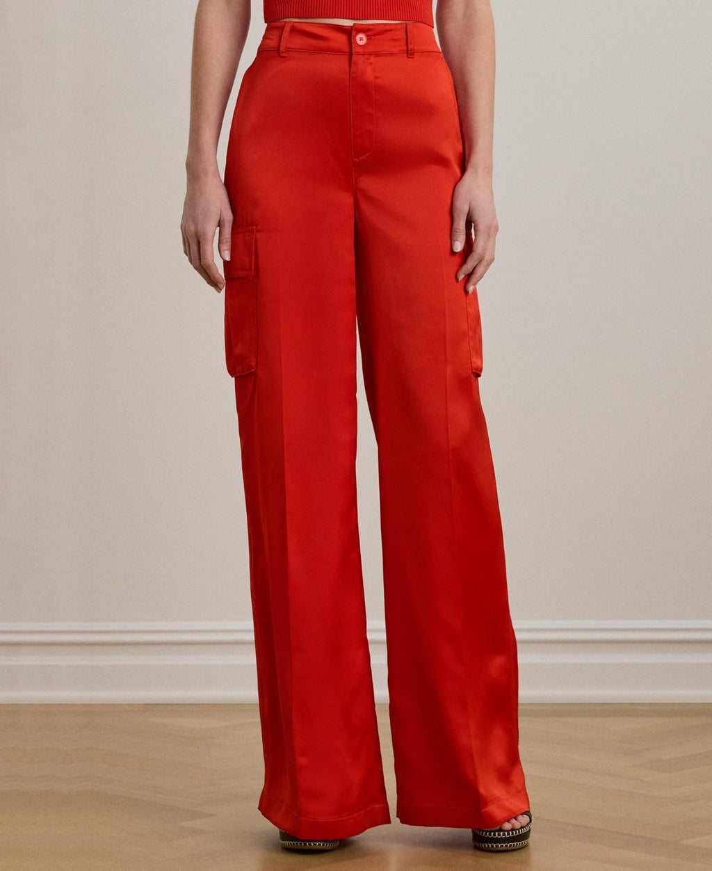 Lauren Ralph Lauren Satin Charmeuse Wide-Leg Cargo Pants Bright Vermilion