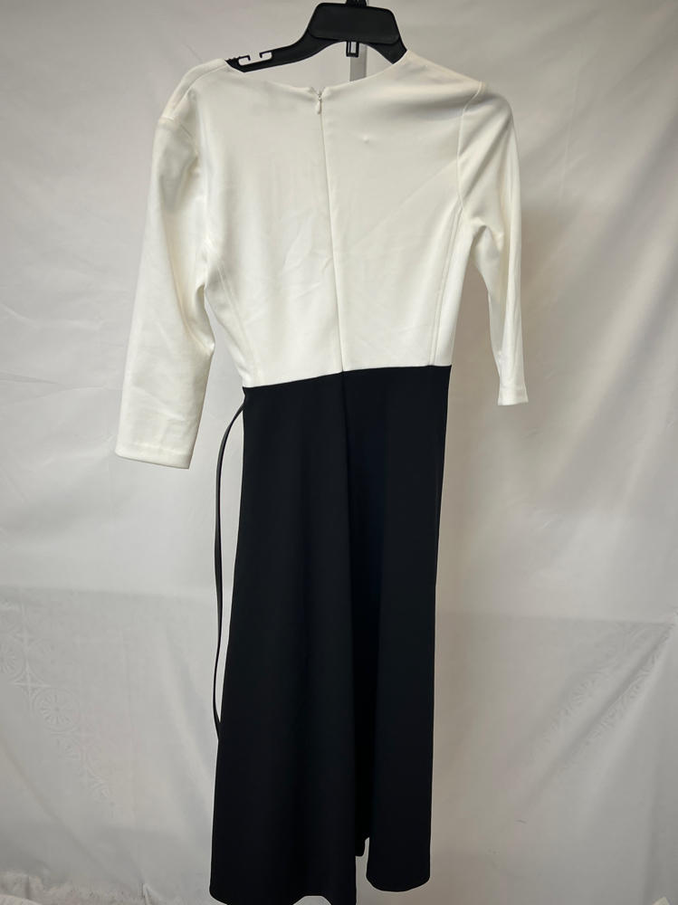 Tommy Hilfiger Women's Long Sleeves V Neck Color Block Midi Dress, Black/Ivory, 2