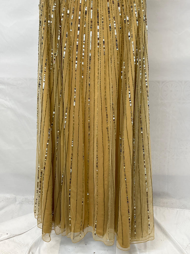 Mac Duggal Striped Sequin Mesh Gown With Beaded Shoulders gold