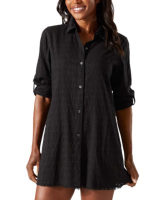 Tommy Bahama Cotton Clip Jacquard Boyfriend Cover-Up Shirt in Black