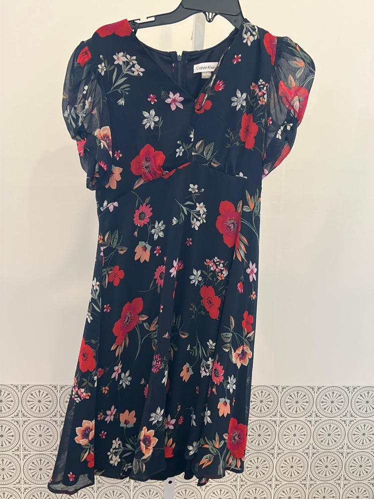 Calvin Klein Women's Dress Short Chiffon Dress with Puff Sleeve Indigo Multi 6