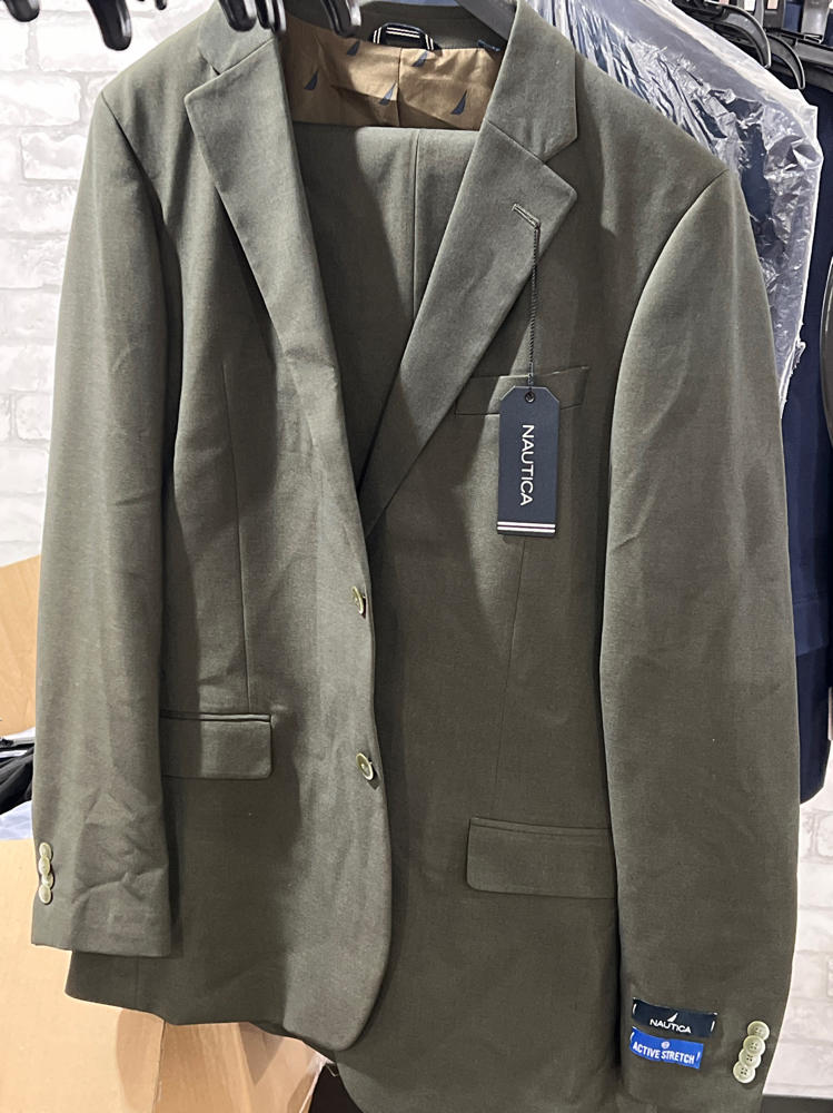 Nautica Mens Modern fit 2 Piece Suit 42 L / 36 Waist Olive Green Solid Stretch