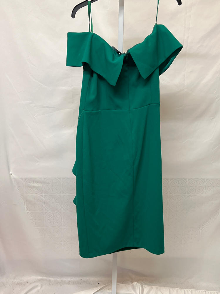 Betsy & Adam Women's Midi-Length, Off-the-Shoulder, Ruffled Detail, with Fitted Silhouette, Green, 12P