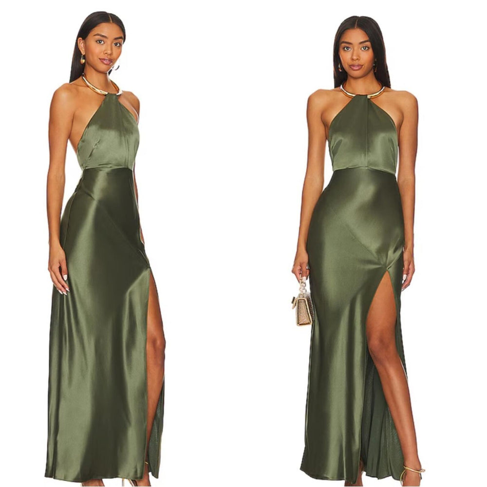 NICHOLAS Edyth Keyhole Necklace Gown in Dark Olive
