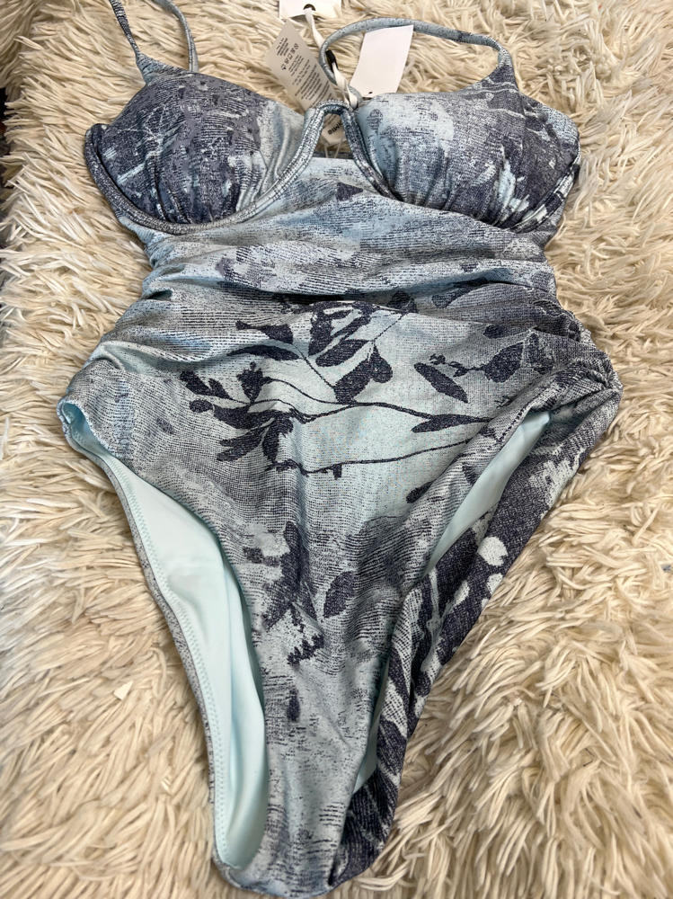 SIMKHAI Women's Laine Ruched One Piece, Sky Floral, L