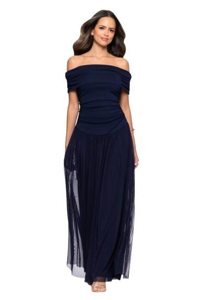 Betsy & Adam Women’s Strapless Ruched Bodice Mesh Overlay Floor Length Dress, Navy, 10