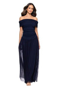 Betsy & Adam Women’s Strapless Ruched Bodice Mesh Overlay Floor Length Dress, Navy, 10