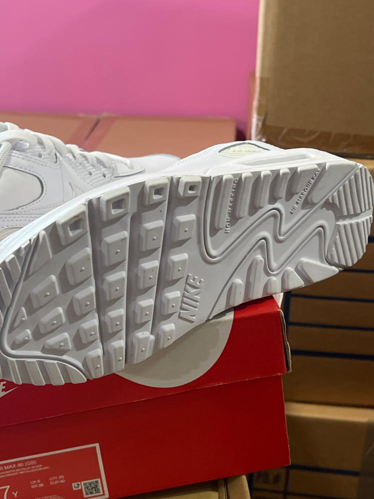 Nike Air Max 90 Big Kids' Shoes (HF6358-102, White/Metallic Silver/White/White) Size 7