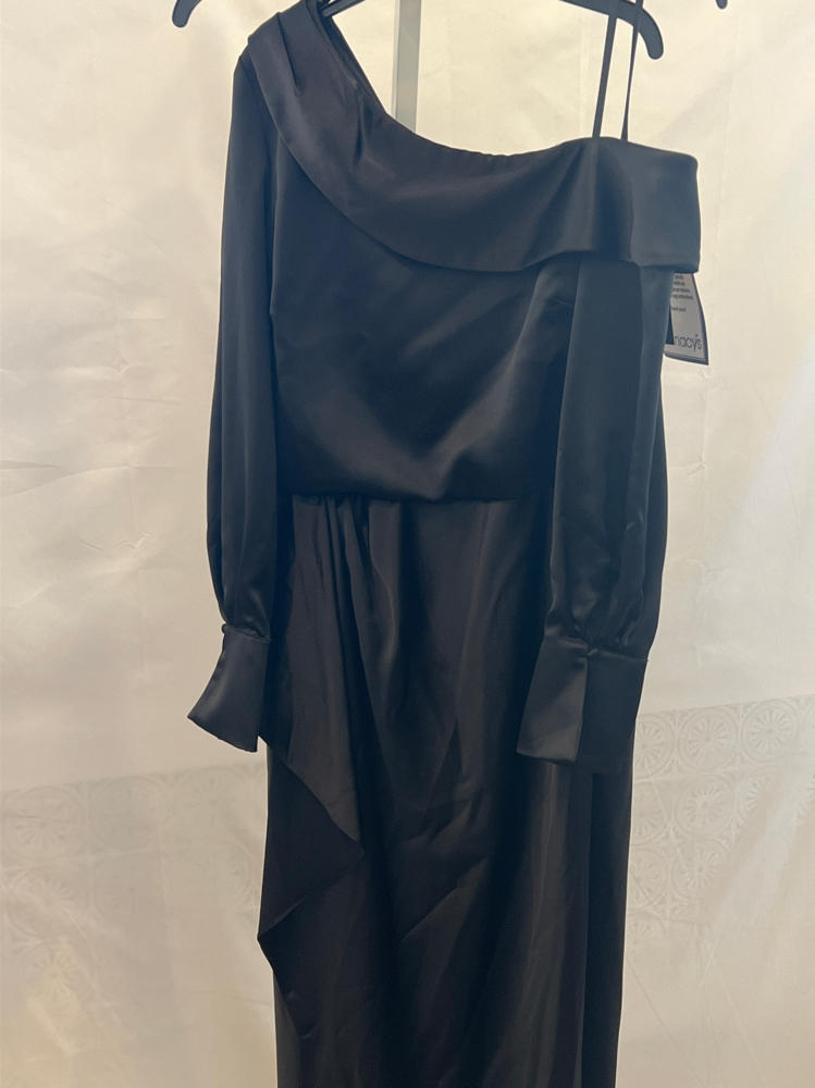 xscape Satin Off Shoulder Long Sleeve Floor Length Dress by 7176X black
