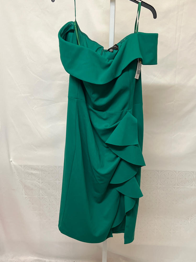 Betsy & Adam Women's Midi-Length, Off-the-Shoulder, Ruffled Detail, with Fitted Silhouette, Green, 12P