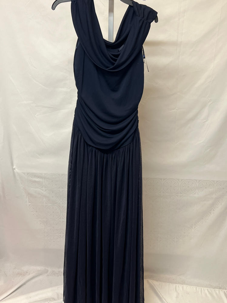 Betsy & Adam Women’s Strapless Ruched Bodice Mesh Overlay Floor Length Dress, Navy, 10