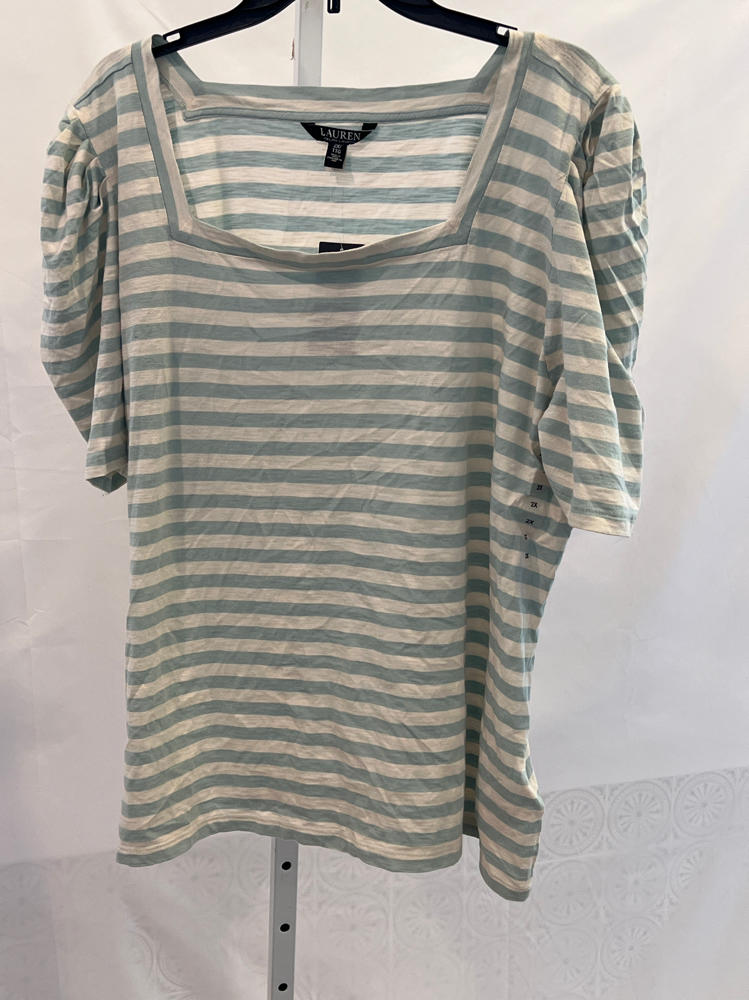 Lauren Ralph Lauren Women's Plus Size Striped Cotton Jersey Puff-Sleeve Tee Aqua Pearl/Mascarpone Cream 2X, 3x