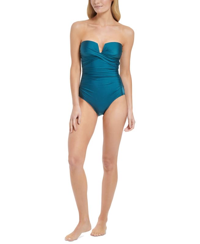 Calvin Klein Women's Shirred Tummy-Control Split-Cup Bandeau One-Piece Swimsuit (Cypress Shimmer, 14)