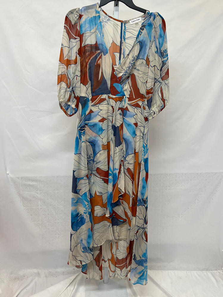 Calvin Klein Womens Chiffon Puff Sleeve Faux Wrap Oxford Multi 4 One Size