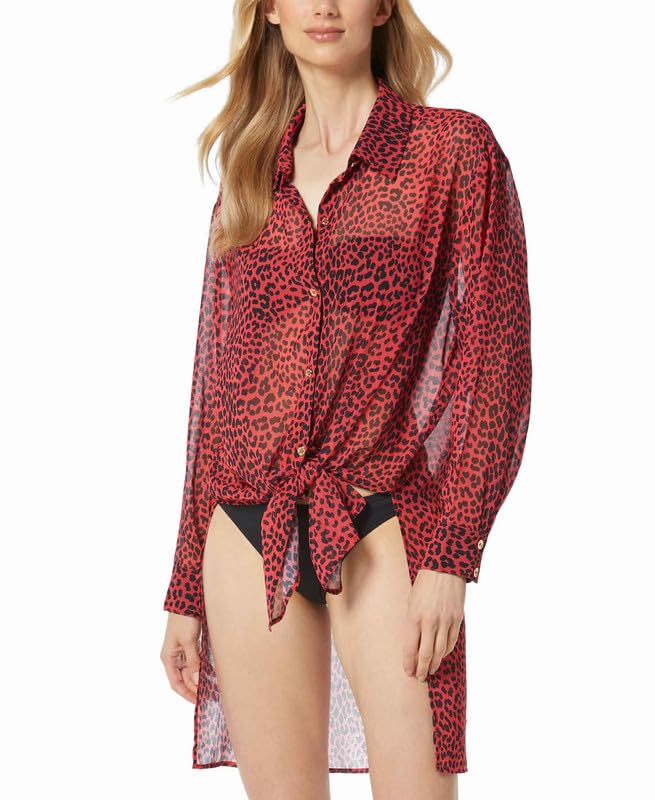 Michael Kors Women's Animal-Print Sheer Cover-Up Shirt (Sea Coral, Large)