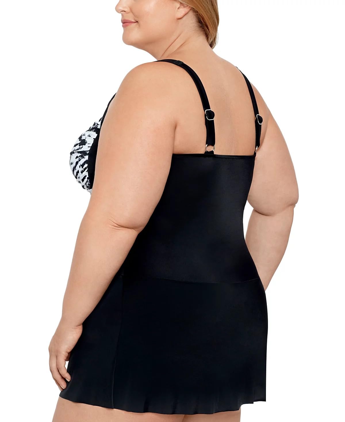 Swim Solutions Plus Size Tummy Control Swimdress, Black with White Pattern, 18W