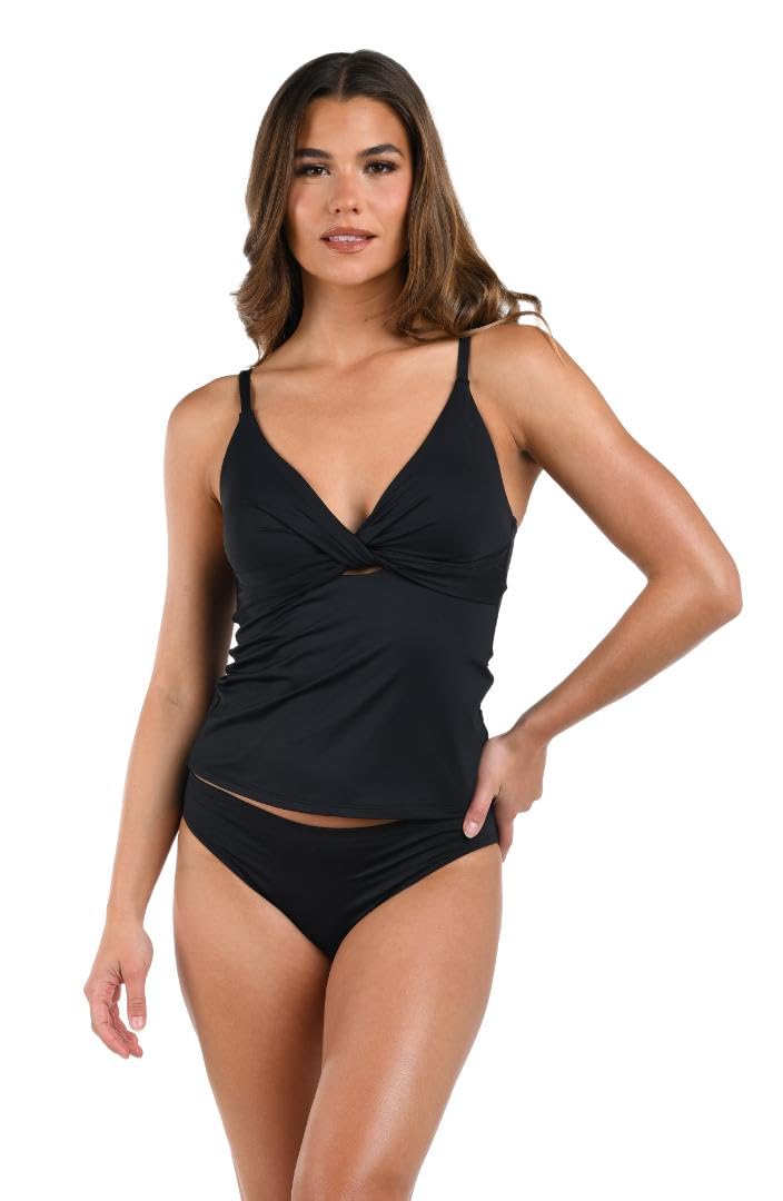 La Blanca Women's V-Neck Adjustable Twist Front Tummy Control Tankini Top, Black, 10