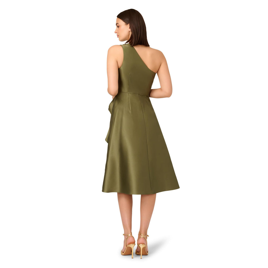Adrianna Papell Women's One Shoulder Mikado Midi Dress, Jungle Olive
