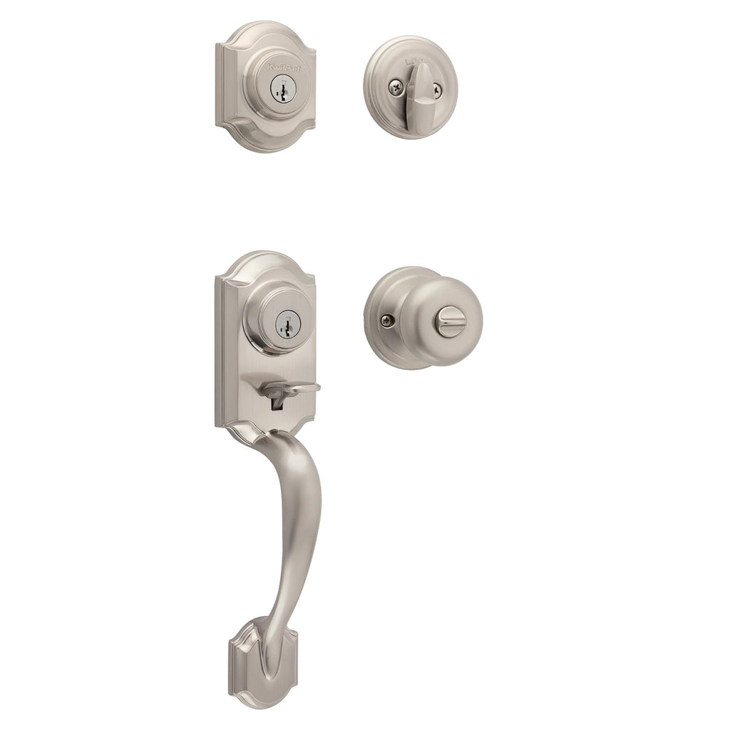Kwikset Montara Front Door Lock Handle and Deadbolt Set, Entry Handleset Exterior with Interior Doorknob, Satin Nickel, Pick Resistant SmartKey Rekey Deadbolt Security, with Microban Protection