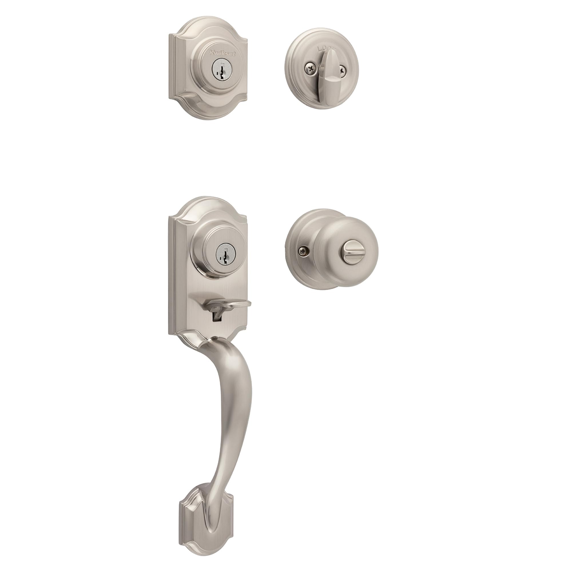 Kwikset Montara Front Door Lock Handle and Deadbolt Set, Entry Handleset Exterior with Interior Doorknob, Satin Nickel, Pick Resistant SmartKey Rekey Deadbolt Security, with Microban Protection