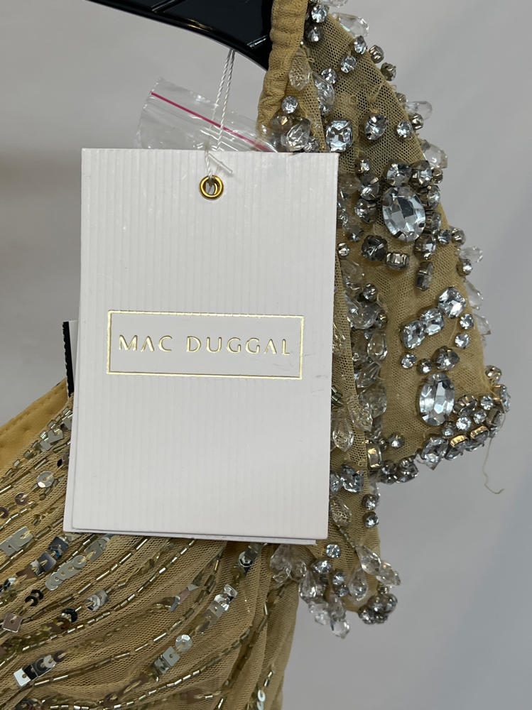 Mac Duggal Striped Sequin Mesh Gown With Beaded Shoulders gold