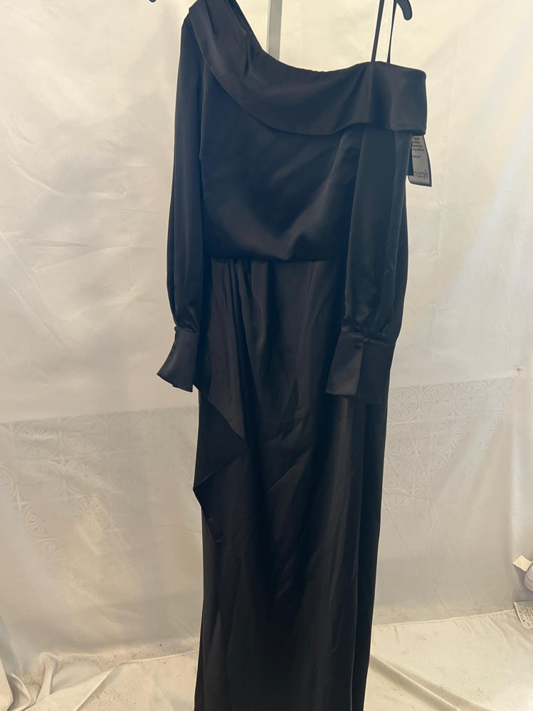 xscape Satin Off Shoulder Long Sleeve Floor Length Dress by 7176X black
