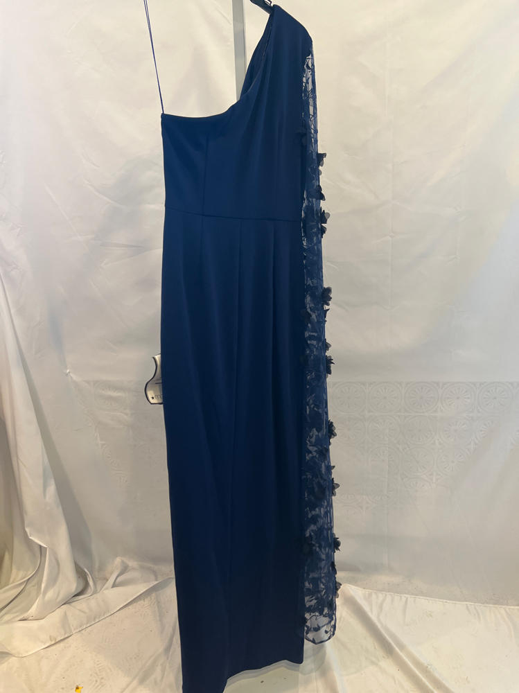 Navy Sateen One Shoulder Floral Cape Sleeve Dress by Adrianna Papell