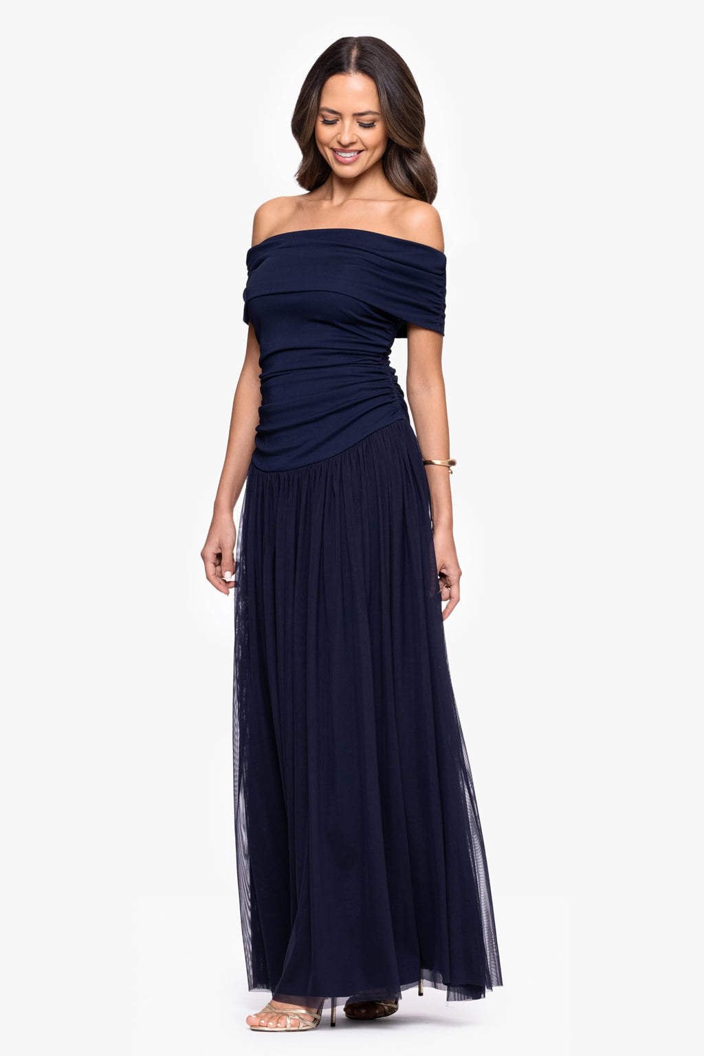Betsy & Adam Women’s Strapless Ruched Bodice Mesh Overlay Floor Length Dress, Navy, 10