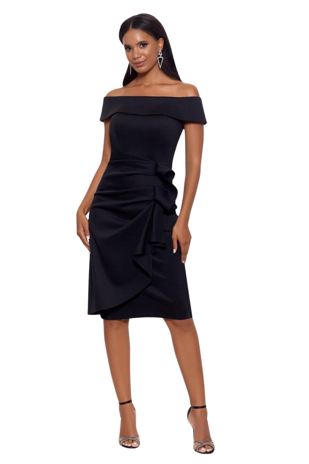 Xscape Women's Knee Length Off-The-Shoulder Scuba Side Ruched Dress, Black, 6