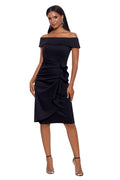 Xscape Women's Knee Length Off-The-Shoulder Scuba Side Ruched Dress, Black, 6