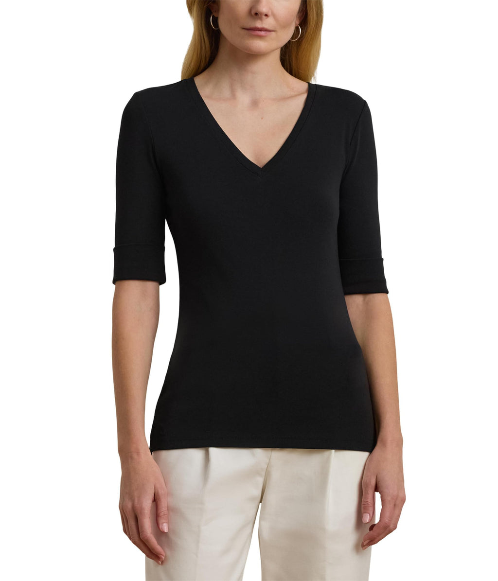 Lauren Ralph Lauren Women's Stretch Cotton Elbow-Sleeve V-Neck Tee, Black, Medium