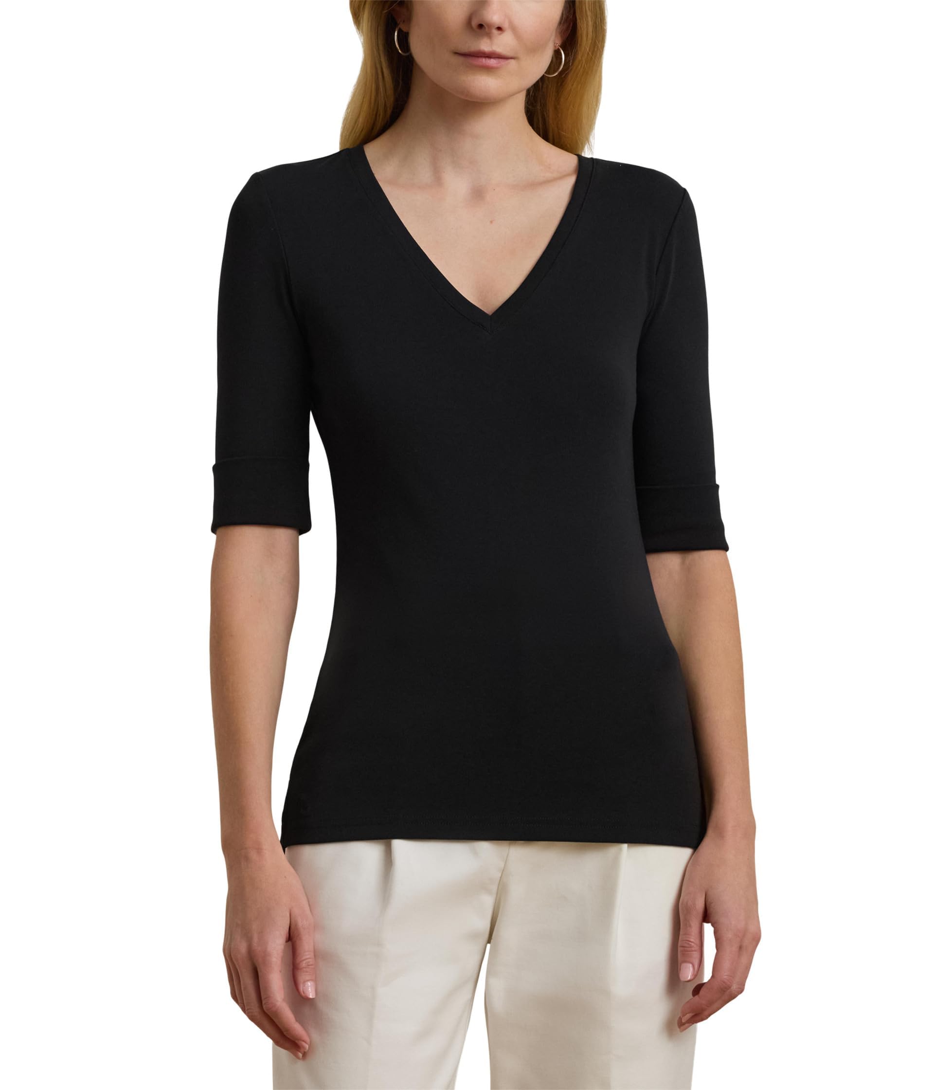 Lauren Ralph Lauren Women's Stretch Cotton Elbow-Sleeve V-Neck Tee, Black, Medium