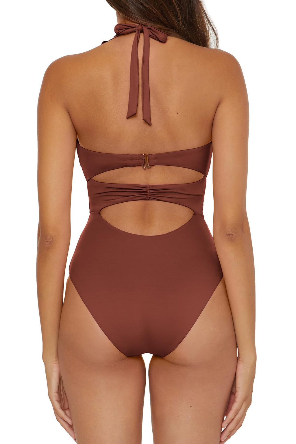 Soluna Swim Buckle Up - Women's One Piece Bandeau Swimsuit with Cut Out Neckline, Gold Rings and Removable Cups, Bathing Suits for Women, Coconut