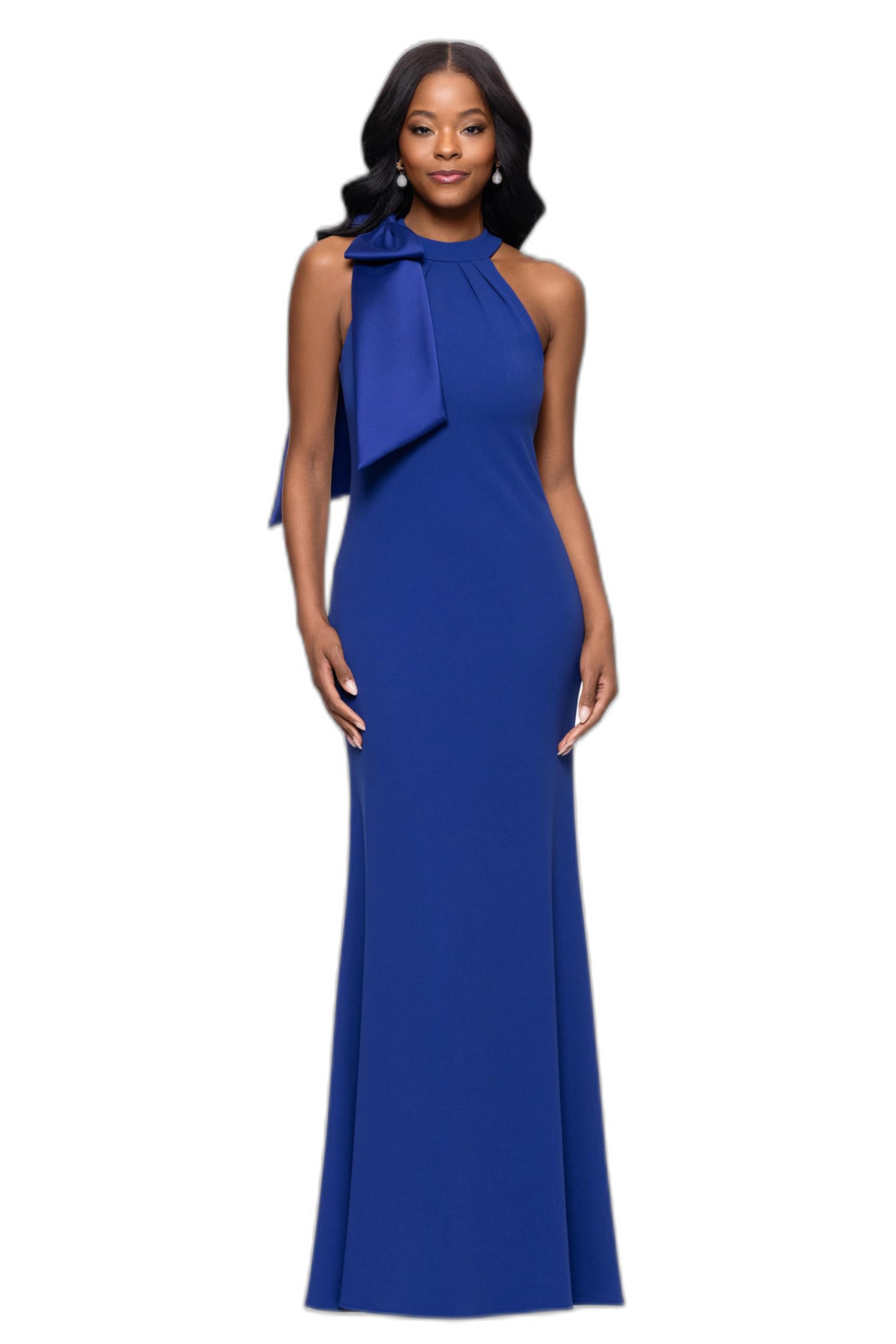 Betsy & Adam Women's Floor-Length, Sleeveless, Bow Detail, with Fitted Silhouette, Indigo