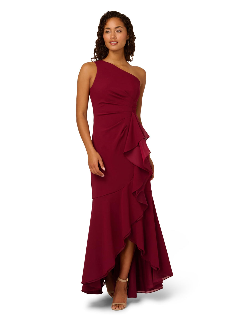 Adrianna Papell Women's Crepe One Shoulder Ruffle Gown, Crimson Haze, 10