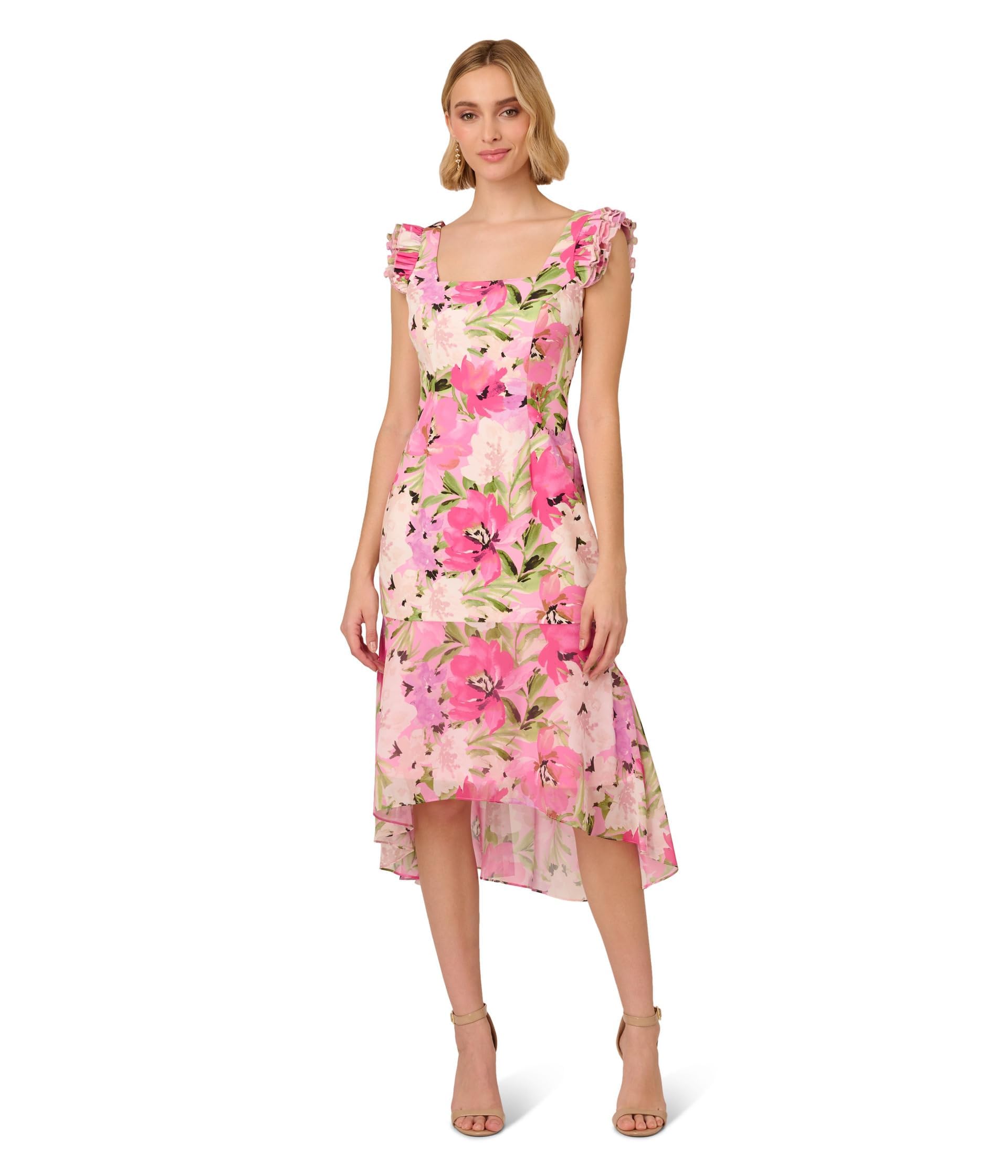 Adrianna Papell Womens Printed Midi Dress Pink Multi 16