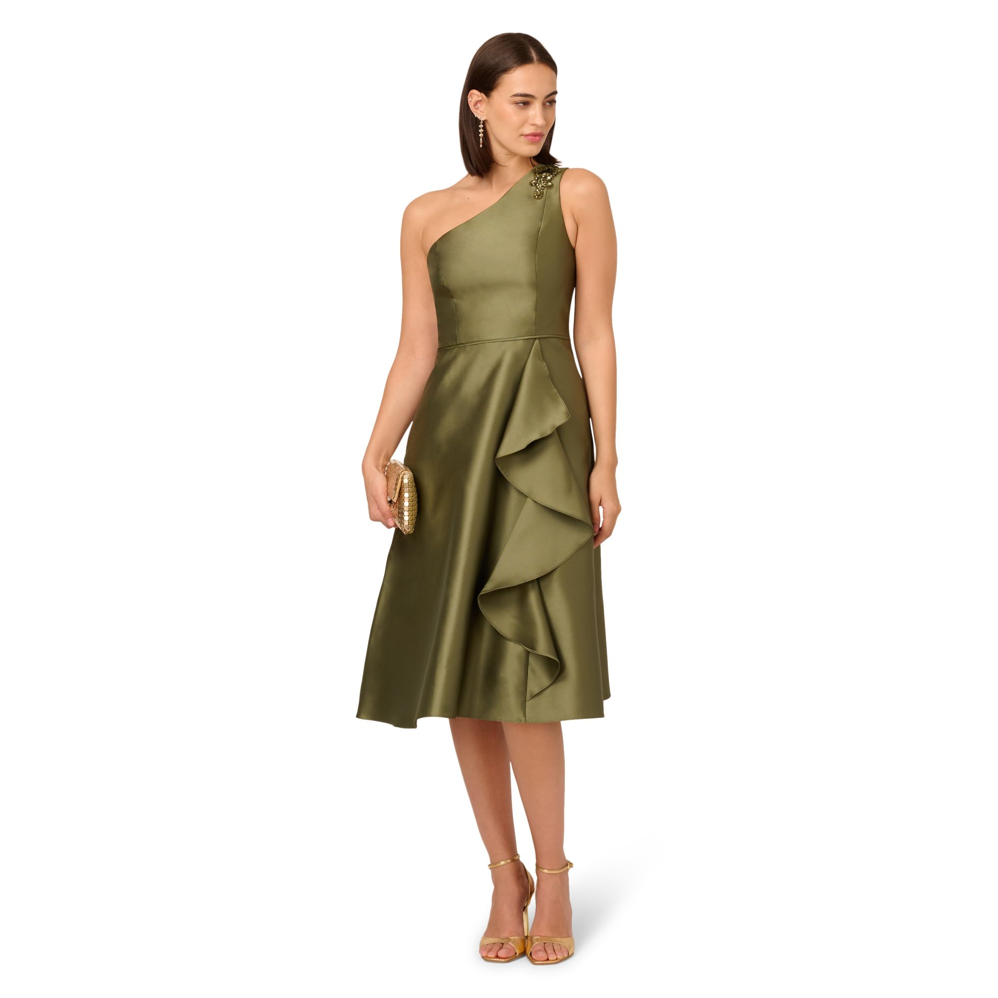 Adrianna Papell Women's One Shoulder Mikado Midi Dress, Jungle Olive