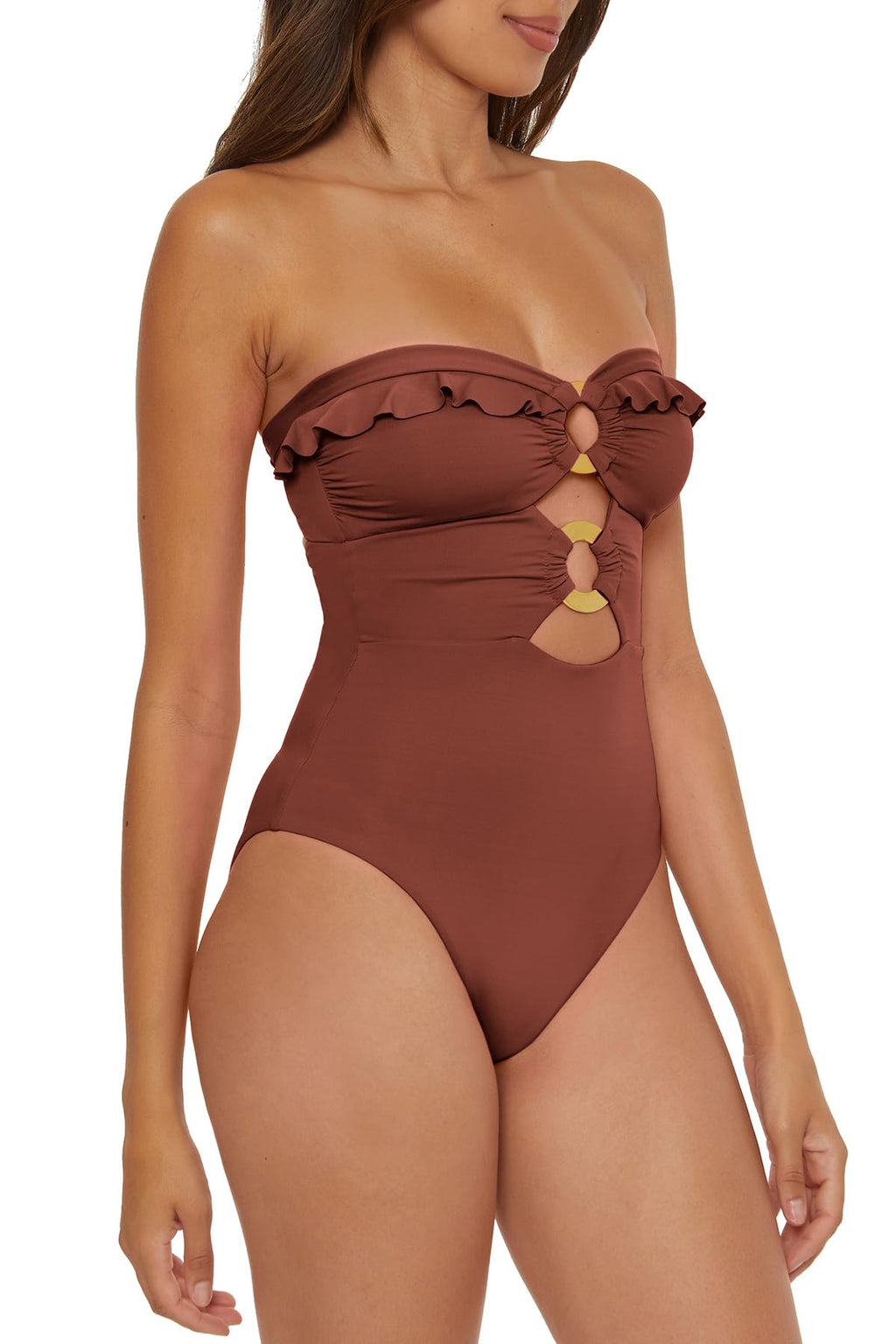 Soluna Swim Buckle Up - Women's One Piece Bandeau Swimsuit with Cut Out Neckline, Gold Rings and Removable Cups, Bathing Suits for Women, Coconut