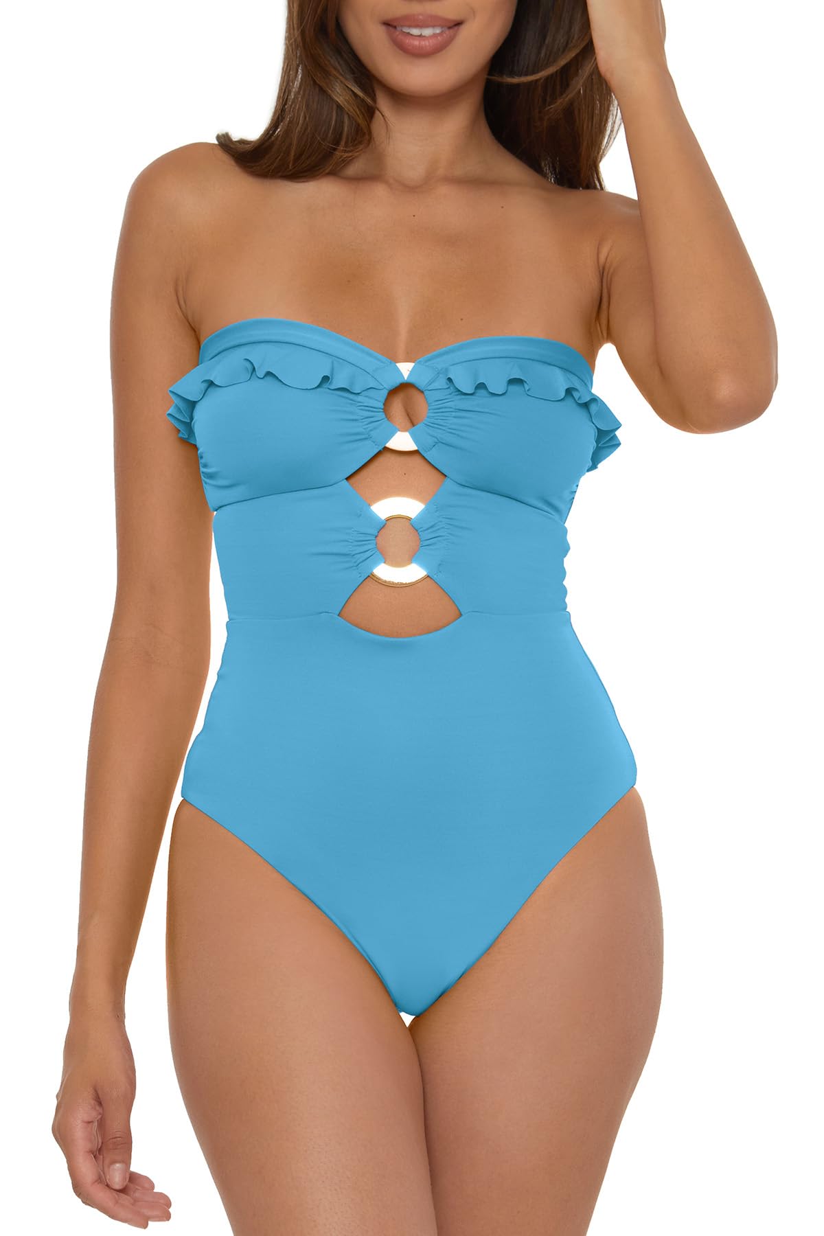Soluna Swim Buckle Up - Women's One Piece Bandeau Swimsuit with Cut Out Neckline, Gold Rings and Removable Cups, Bathing Suits for Women, Crystal Seas, Medium