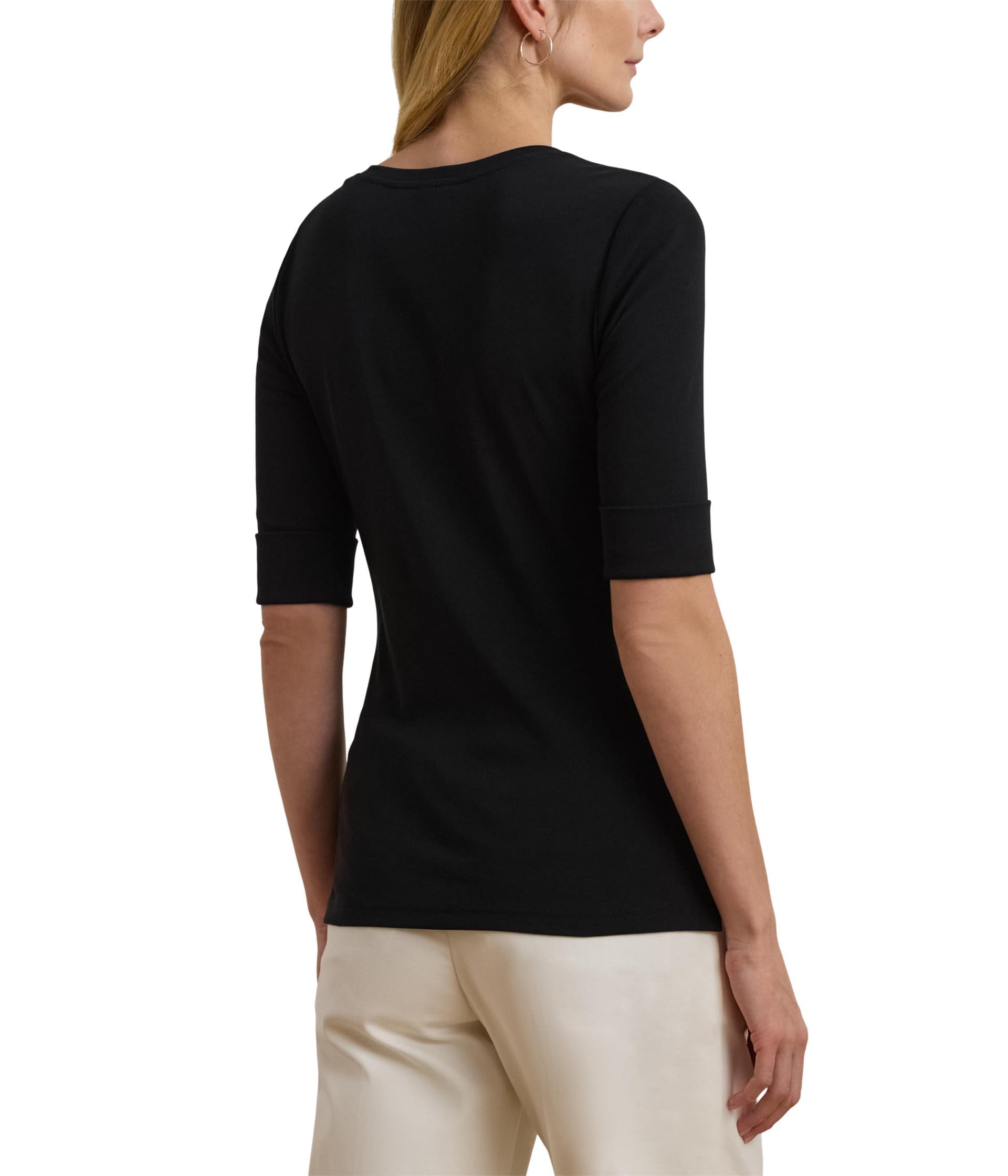 Lauren Ralph Lauren Women's Stretch Cotton Elbow-Sleeve V-Neck Tee, Black, Medium